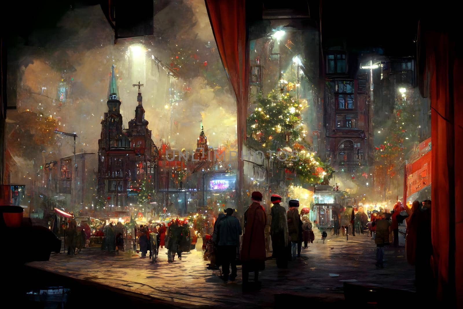 night crowded christmas european town street, neural network generated art. Digitally generated image. Not based on any actual scene or pattern.