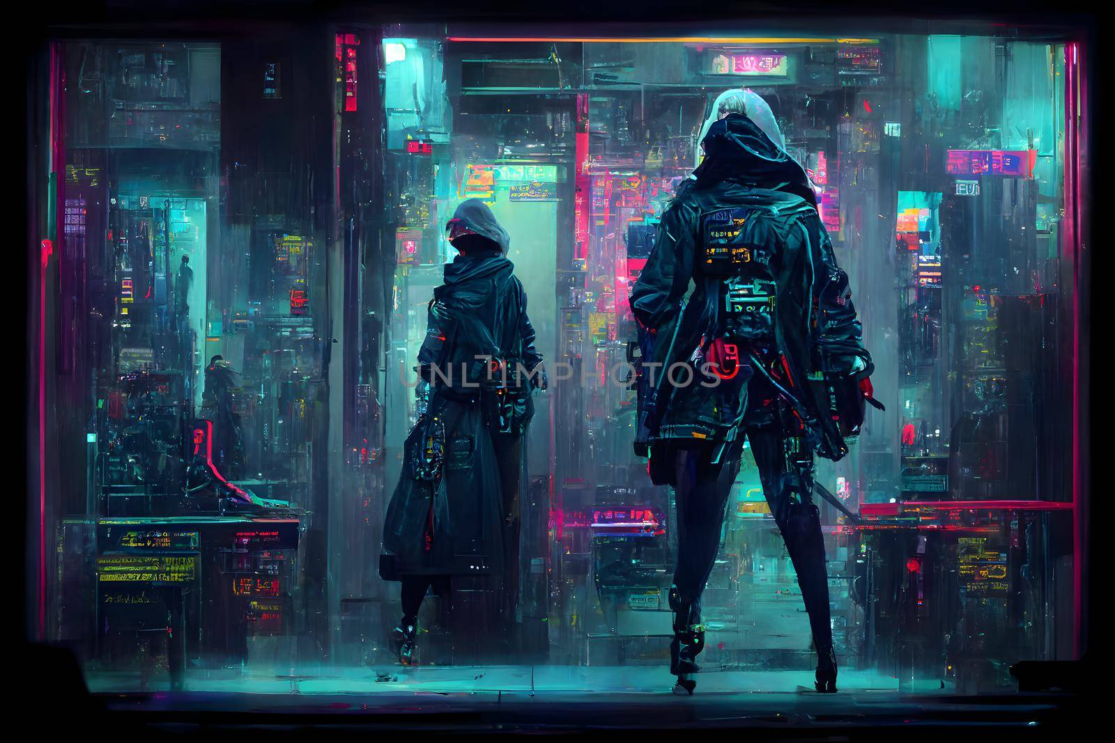 cyberpunk assasin figure in night cyberpunk style neon illuminated city environment, neural network generated art by z1b
