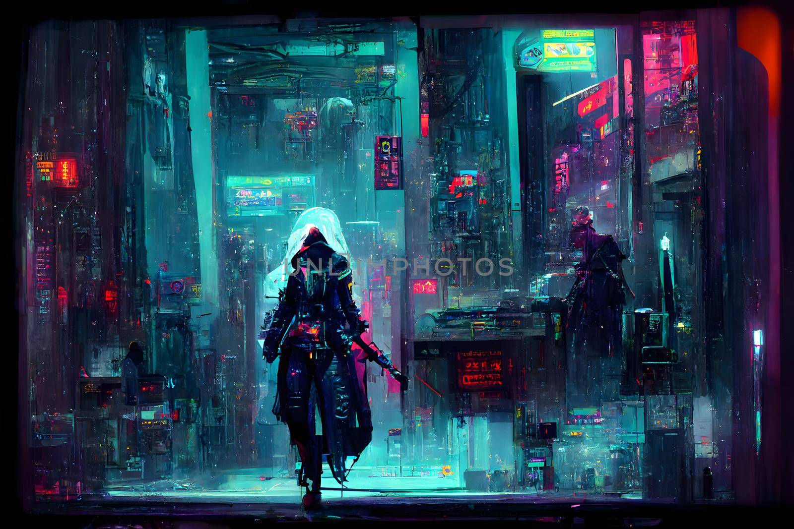 cyberpunk assasin figure in night cyberpunk style neon illuminated city environment, neural network generated art by z1b