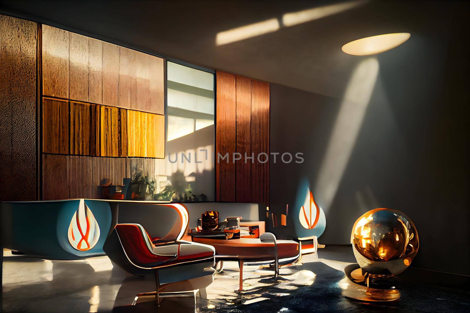 mid century modern style interior, neural network generated art. Digitally generated image. Not based on any actual scene or pattern.