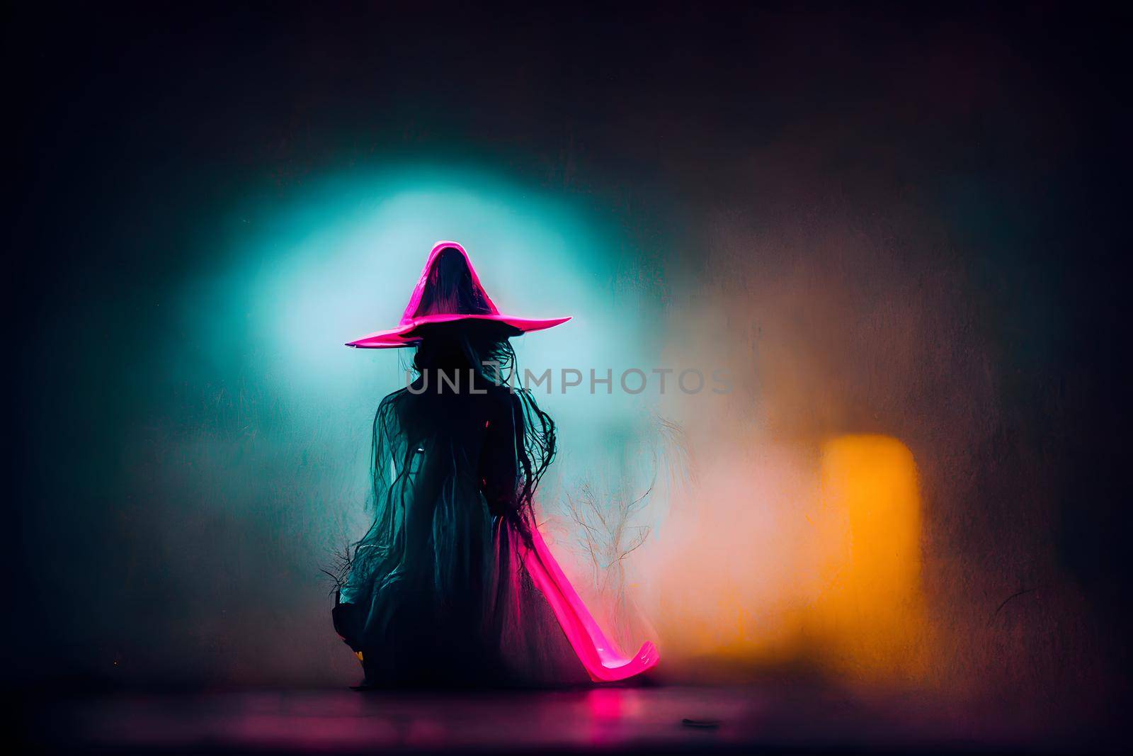 woman silhouette in halloween costume with conical witch hat, neural network generated art by z1b