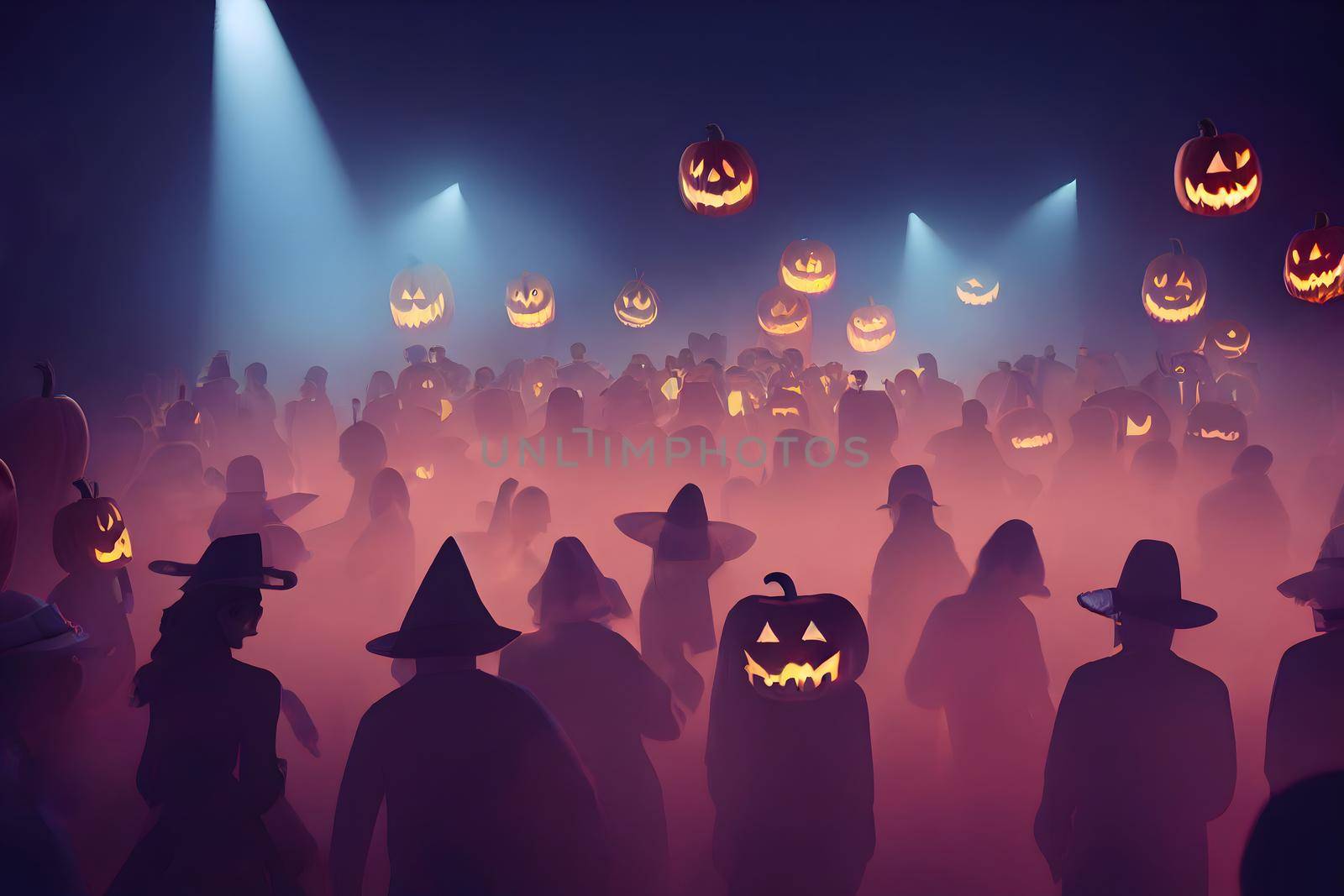 massive halloween party with many unrecognizable costumed people dancing in fog or smoke, neural network generated art. Digitally generated image. Not based on any actual scene or pattern.