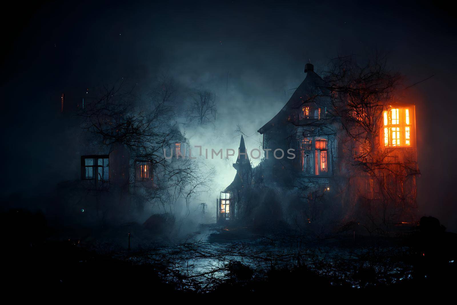 dark haunted house with illuminated windows at spooky misty dark halloween night, neural network generated art by z1b