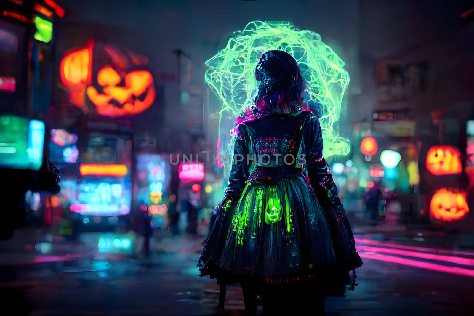 unrecognizable woman in halloween costume on neon illuminated night city street, neural network generated art. Digitally generated image. Not based on any actual scene or pattern.