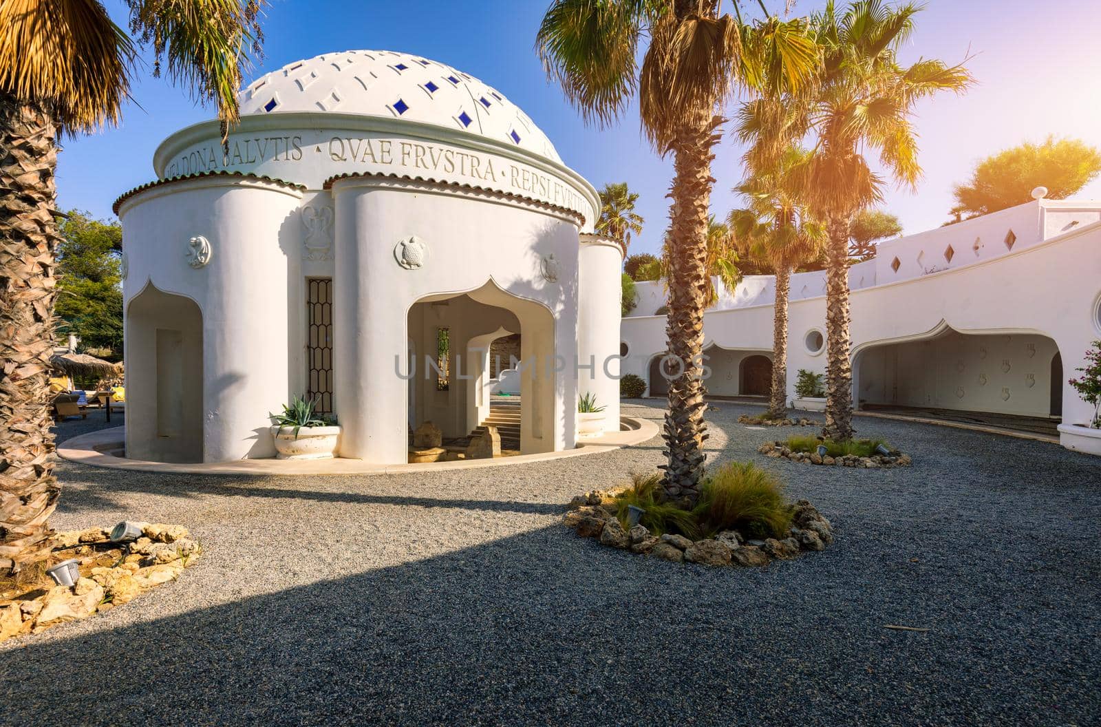 The beautiful buildings at Kalithea Springs constructed in the 1930s, Rhodes Island, Greece, Europe. Kallithea Therms, Kallithea Springs located at the bay of Kallithea on Rhodes island, Greece. 
