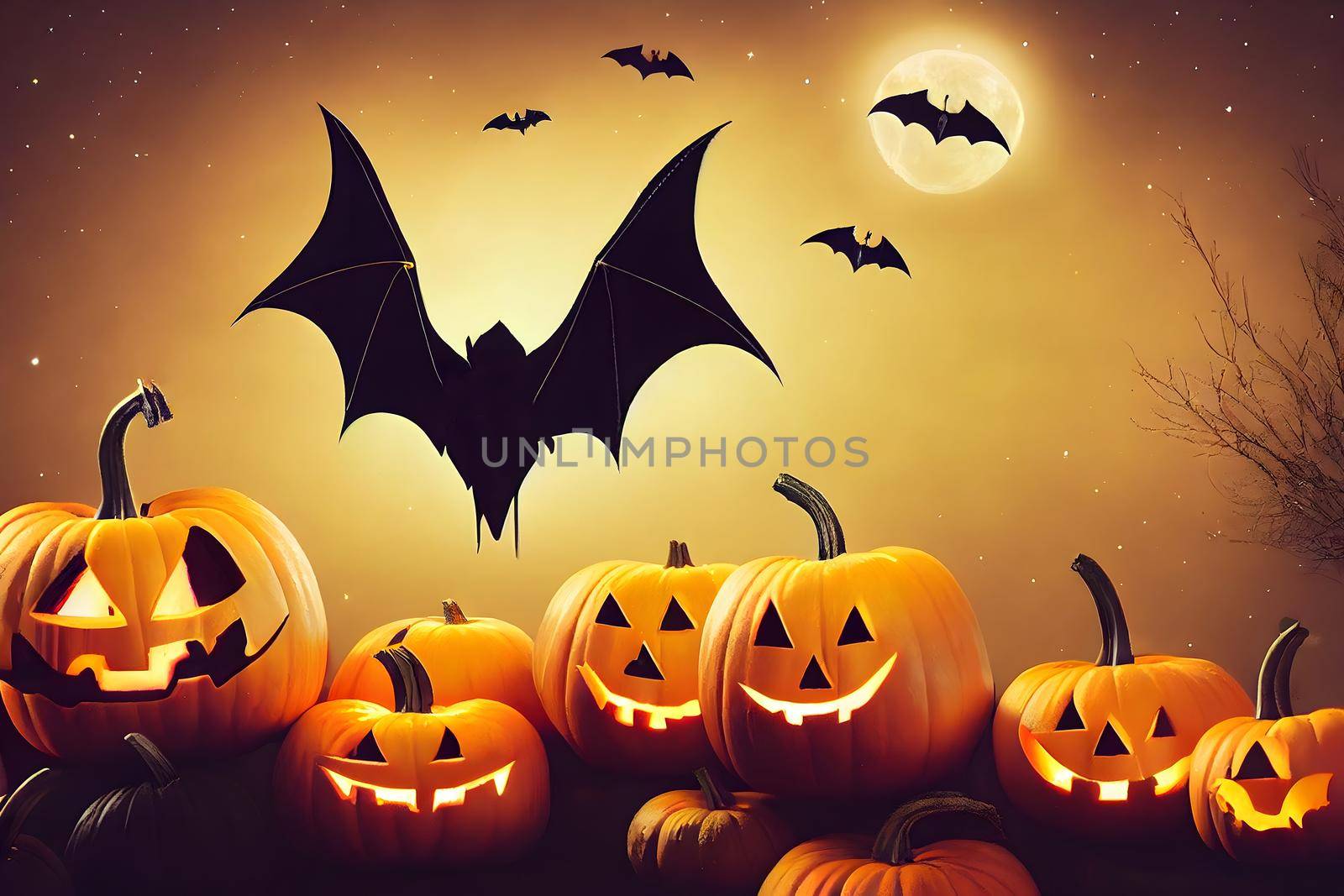 halloween background, bats, pumpkins, full moon and stars at night, neural network generated art. Digitally generated image. Not based on any actual scene or pattern.