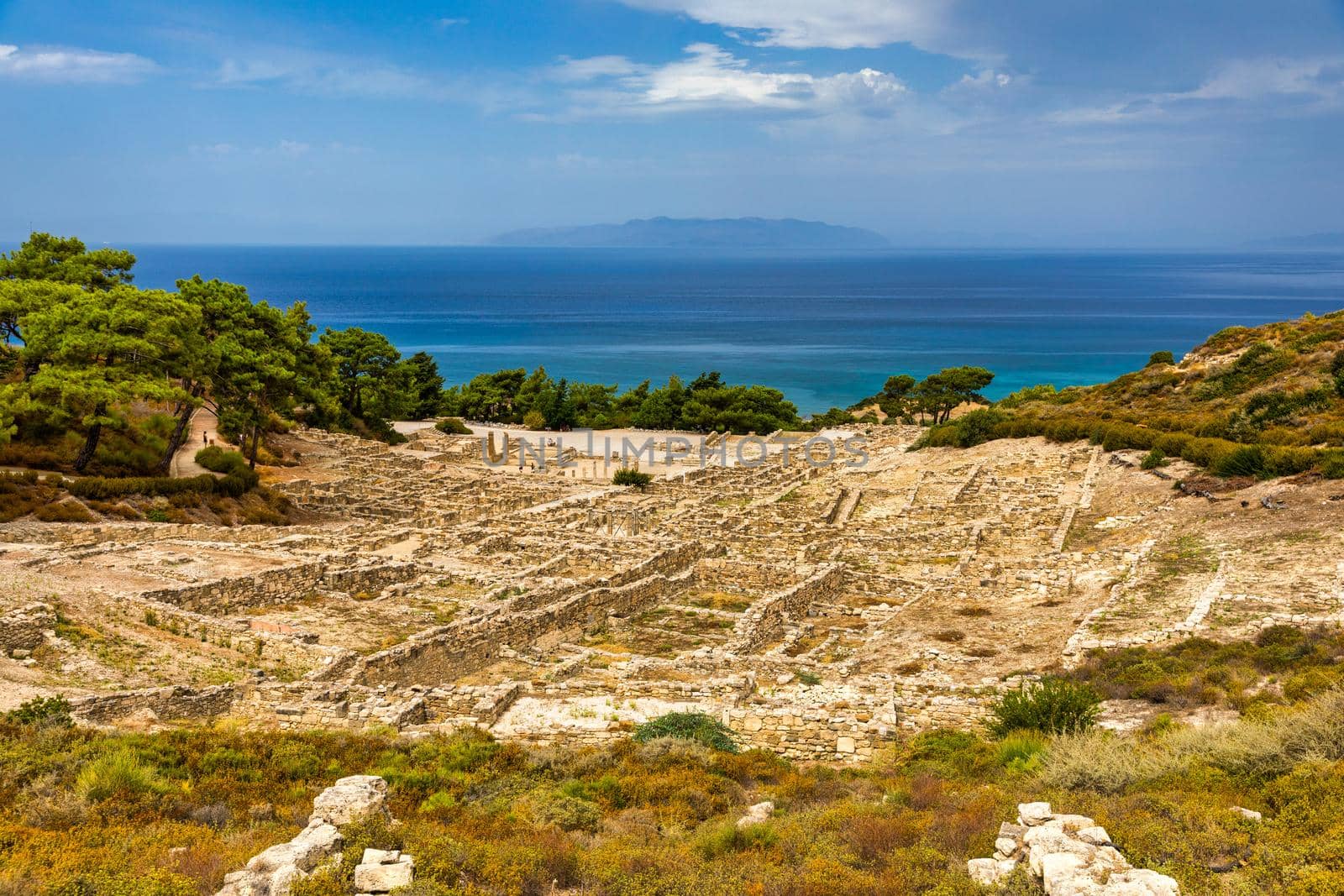 Ancient city of Kameiros on the Greek island of Rhodes in Dodekanisos archipelago. Ancient Kamiros, archaeological site. Archaeological site ancient Kamiros in Rhodes island at Greece. 