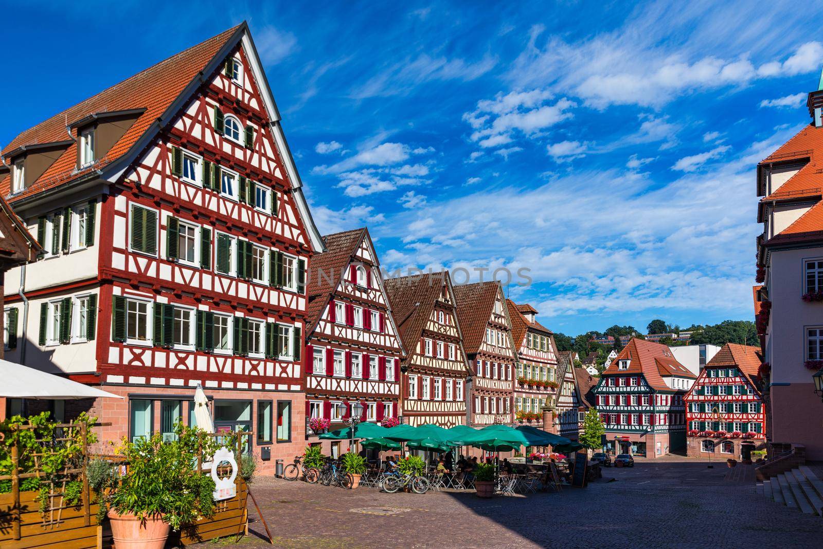 Beautiful floral colorful town Tubingen in Germany (Baden-Wurttemberg). Houses at river Neckar and Hoelderlin tower, Tuebingen, Baden-Wuerttemberg, Germany. Tubingen, Germany. 