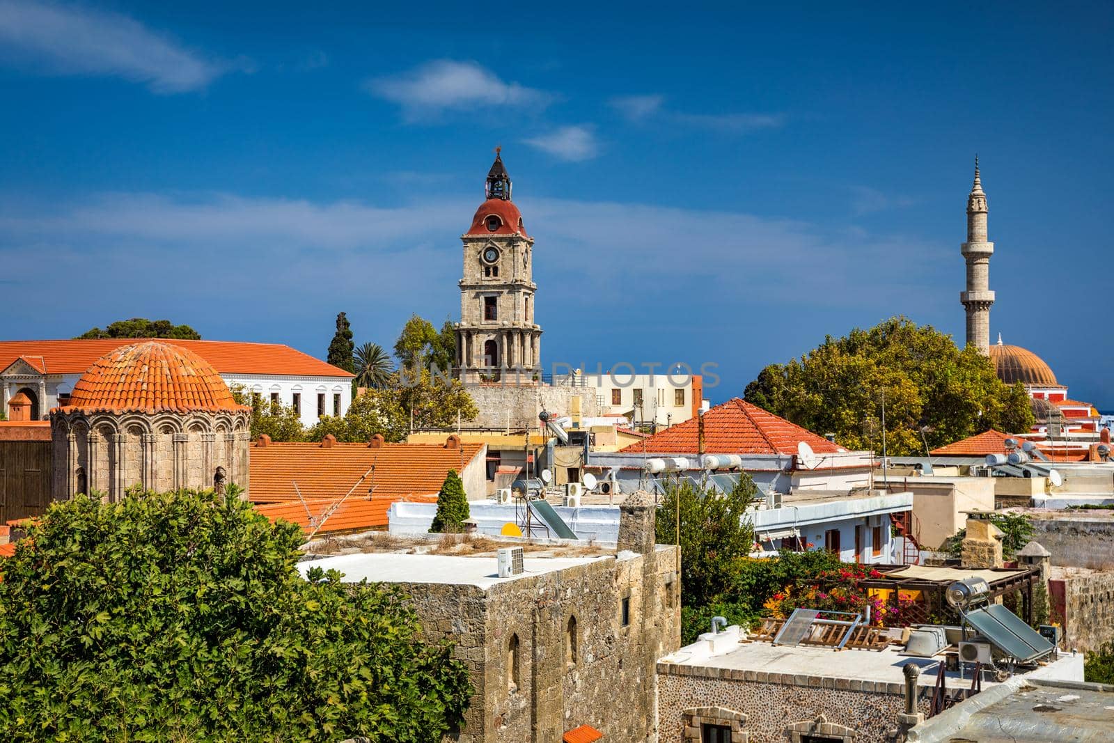 Panoramic view of Rhodes old town on Rhodes island, Greece. Rhodes old fortress cityscape. Travel destinations in Rhodes, Greece.