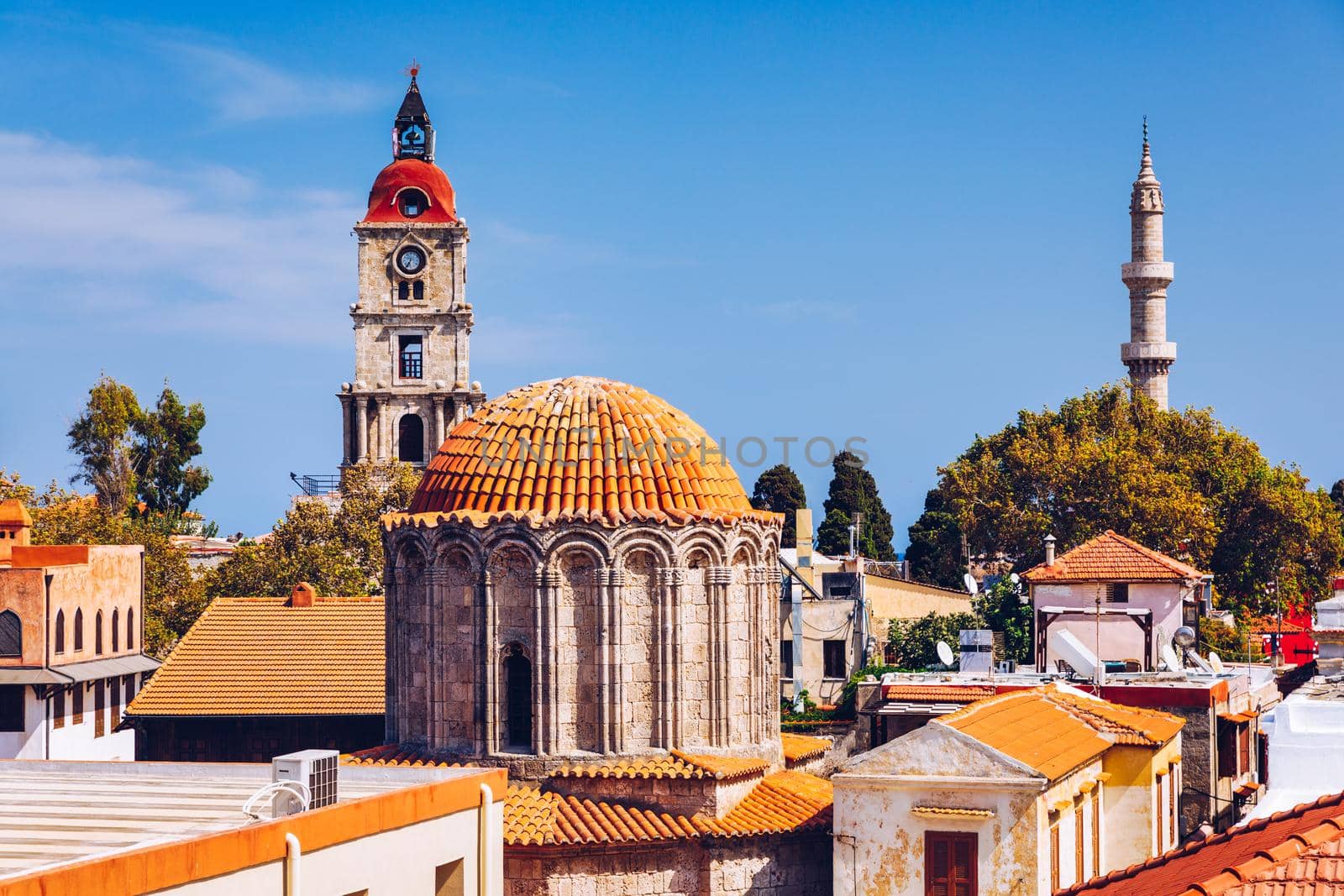 Panoramic view of Rhodes old town on Rhodes island, Greece. Rhodes old fortress cityscape. Travel destinations in Rhodes, Greece.