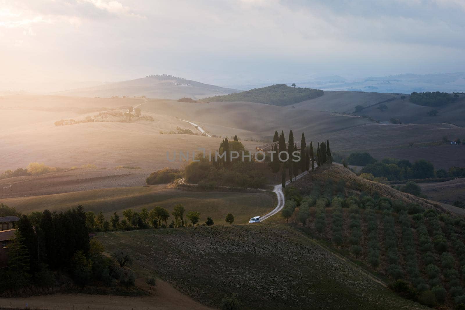 Well known Tuscany landscape with grain fields, cypress trees and houses on the hills at sunset. Summer rural landscape with curved road in Tuscany, Italy, Europe