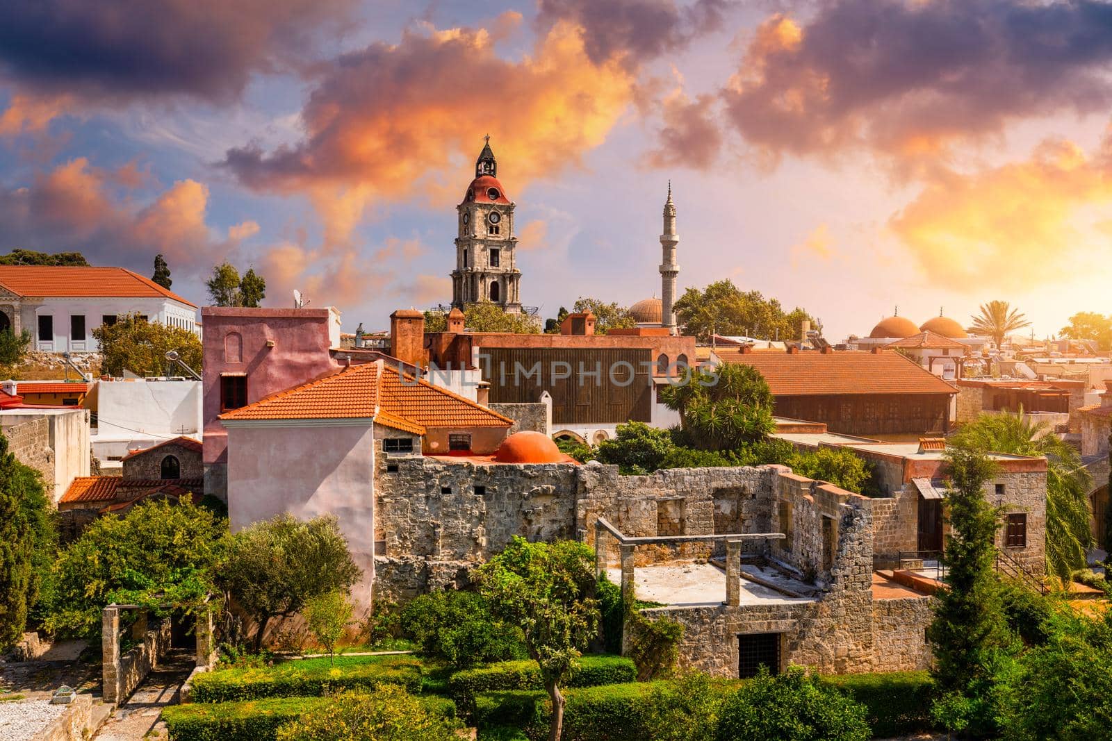Panoramic view of Rhodes old town on Rhodes island, Greece. Rhodes old fortress cityscape. Travel destinations in Rhodes, Greece.