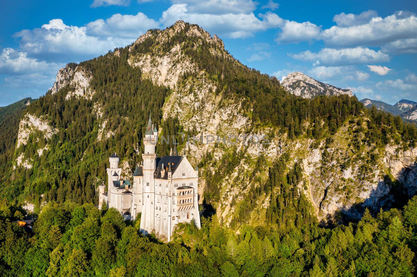Famous Neuschwanstein Castle with scenic mountain landscape near Fussen, Bavaria, Germany. Neuschwanstein Castle in Hohenschwangau, Germany. 