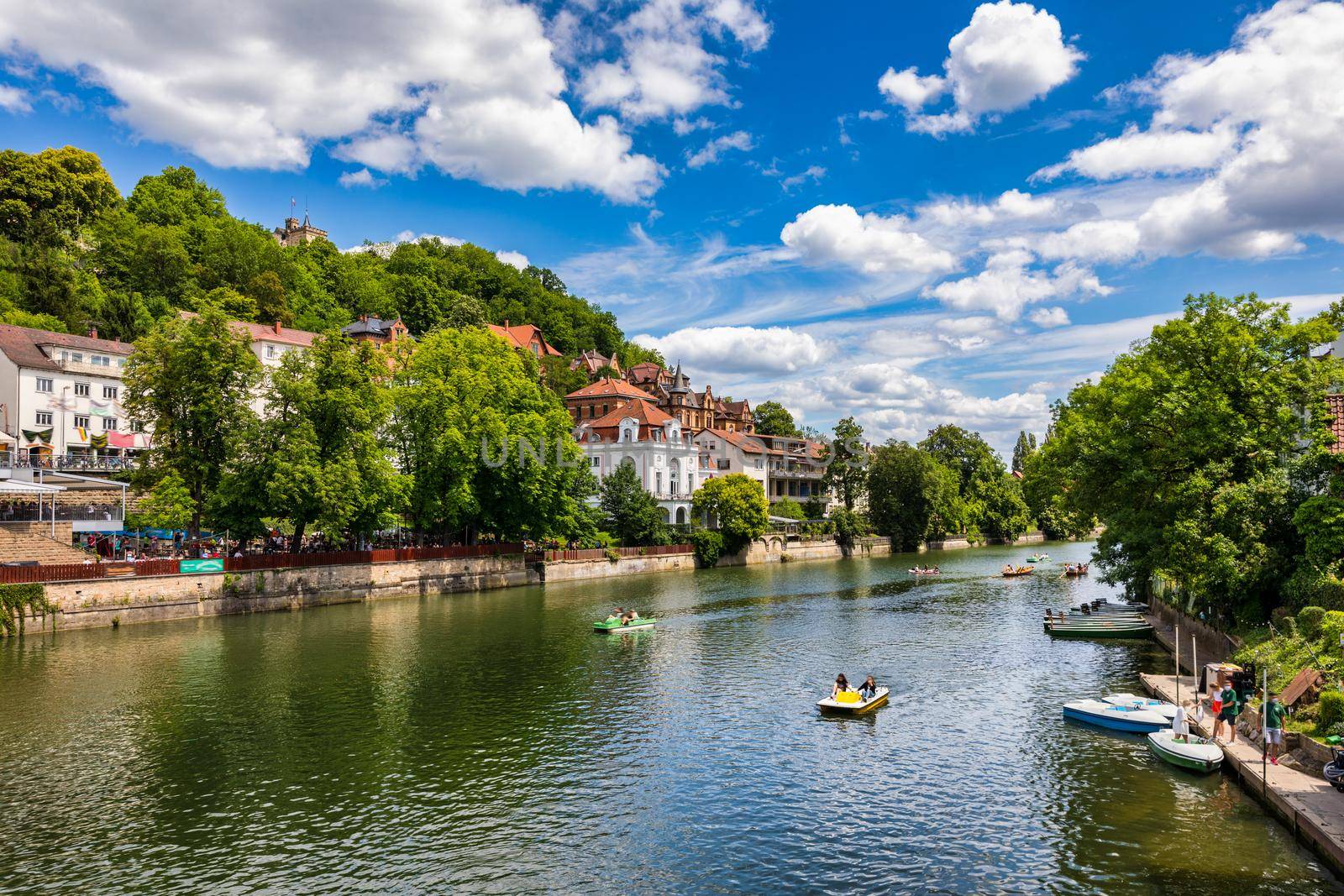 Picturesque town of Tuebingen with colourful half-timbered houses, crossed by the river Neckar. Houses at river Neckar and Hoelderlin tower, Tuebingen, Baden-Wuerttemberg, Germany. Tubingen, Germany. 
