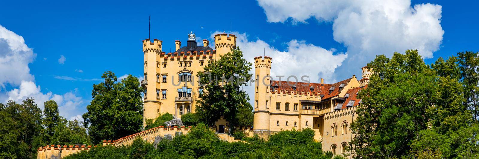 Hohenschwangau Castle near Fussen, Bavaria, Germany. Palace of king Ludwig II in Schwangau village. Schloss Hohenschwangau is landmark of German Alps. Hohenschwangau Castle and Alpsee in Schwangau. by DaLiu