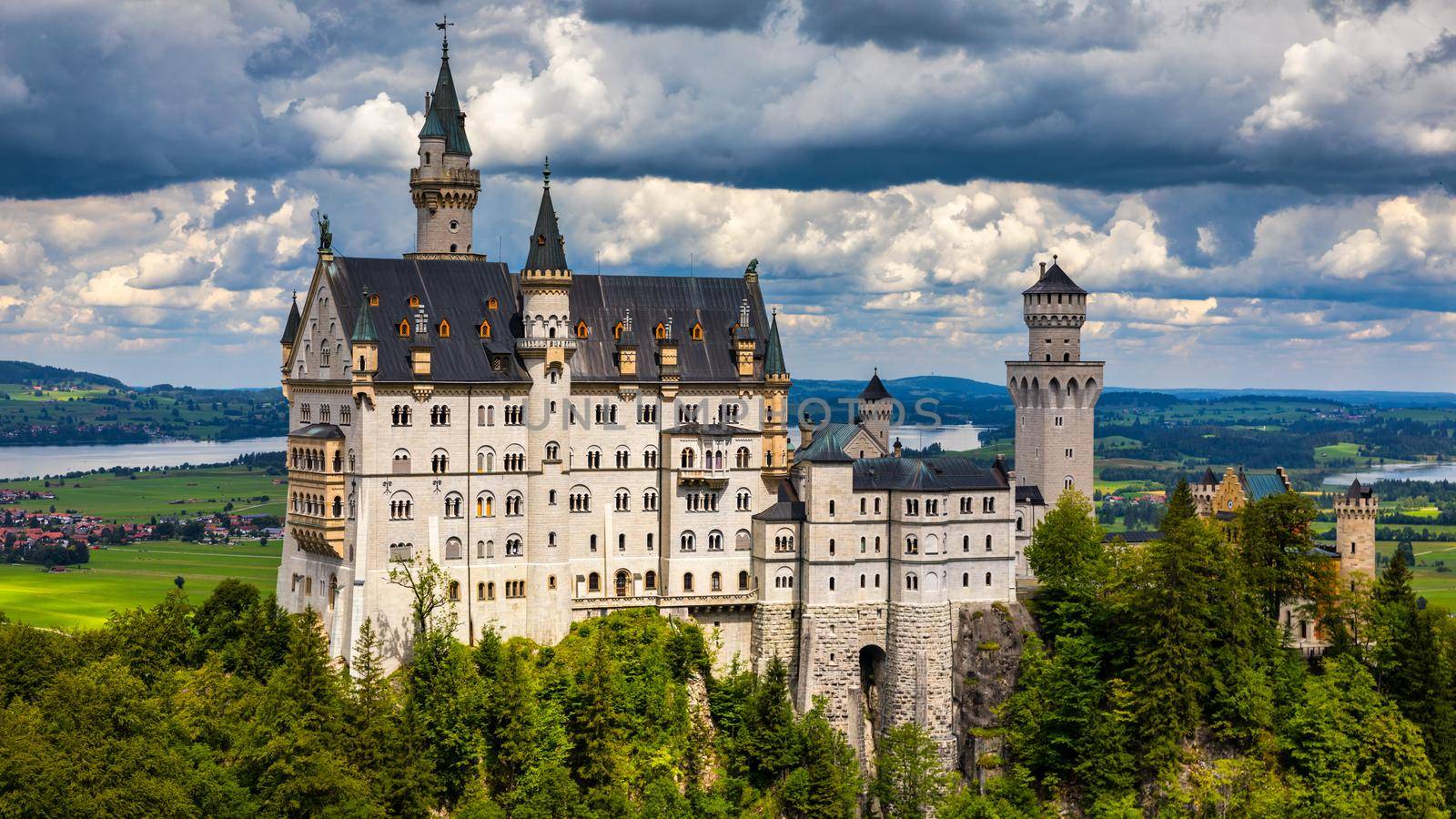 Neuschwanstein Fairytale Castle near Fussen, Bavaria, Germany. View of famous Neuschwanstein Castle. Location: village of Hohenschwangau, near Fussen, southwest Bavaria, Germany, Europe