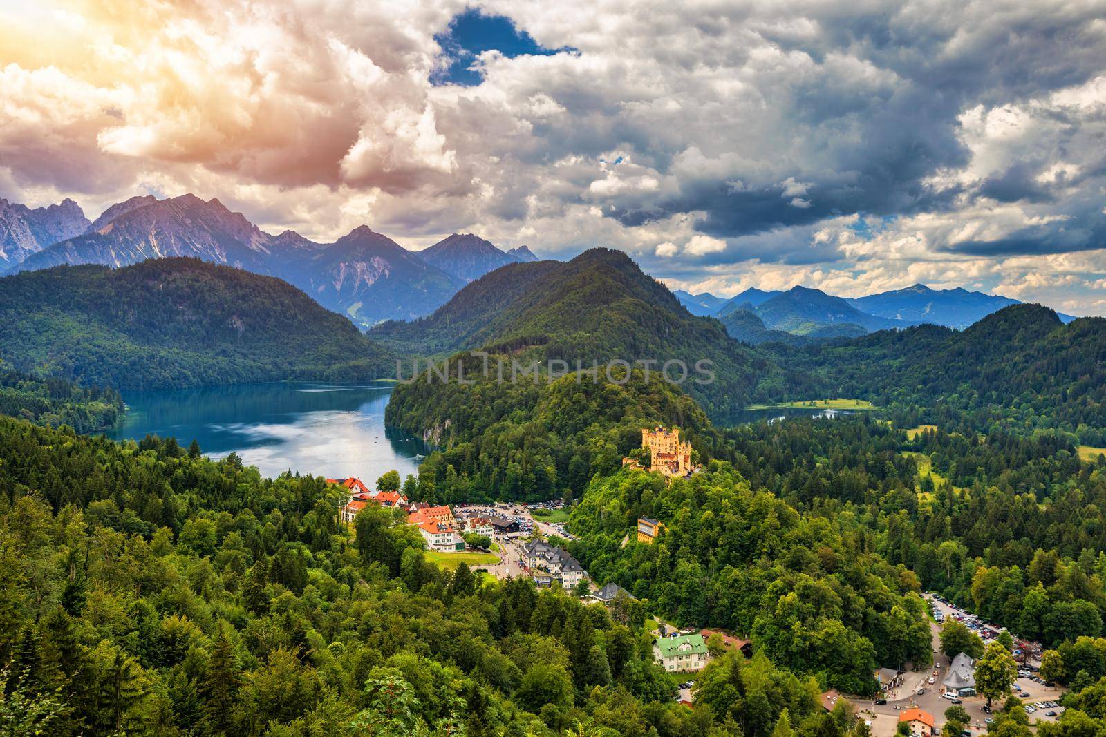 Hohenschwangau Castle near Fussen, Bavaria, Germany. Palace of king Ludwig II in Schwangau village. Schloss Hohenschwangau is landmark of German Alps. Hohenschwangau Castle and Alpsee in Schwangau.