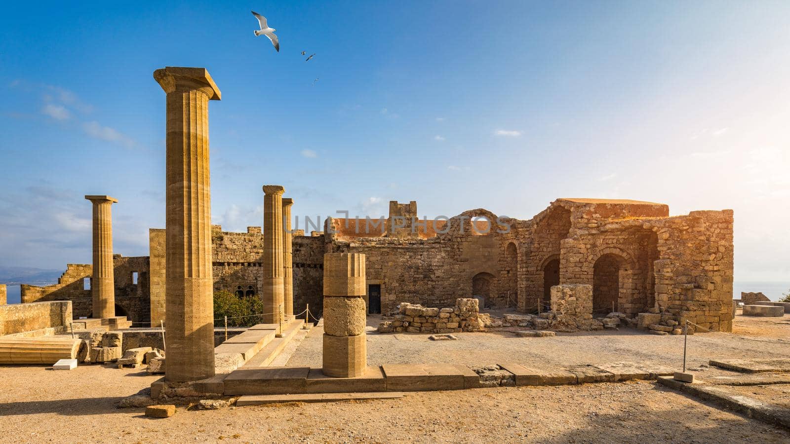 Ruins of Acropolis of Lindos view, Rhodes, Dodecanese Islands, Greek Islands, Greece. Acropolis of Lindos, ancient architecture of Rhodes, Greece. 