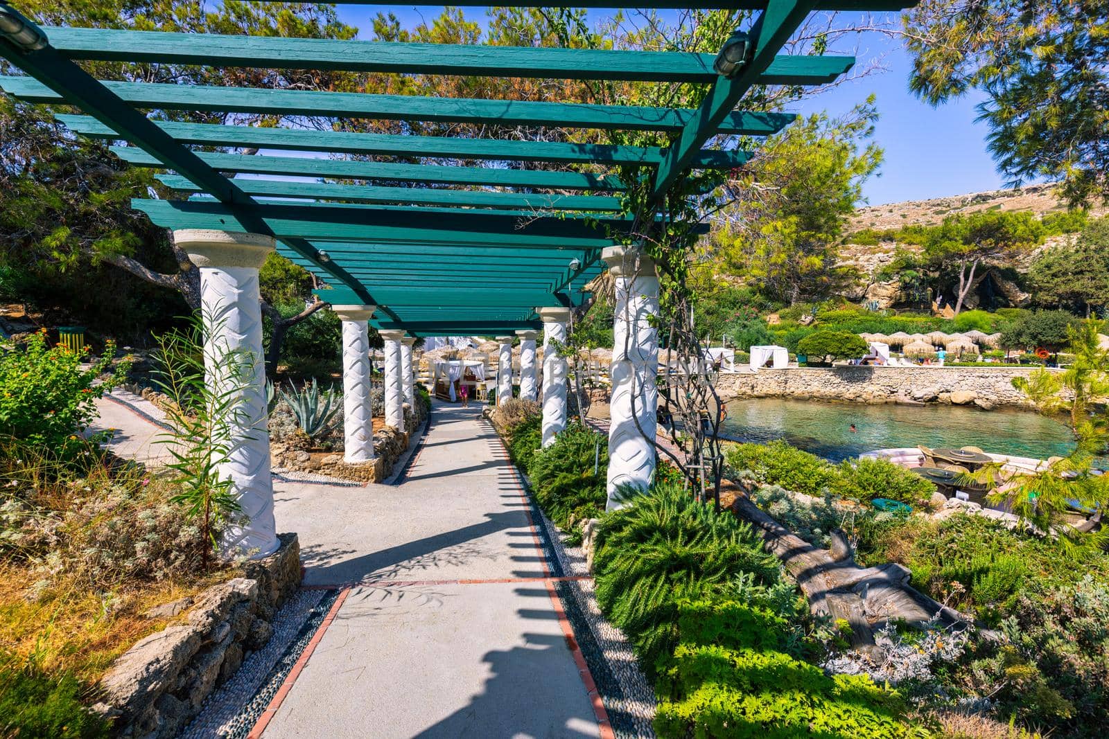 The beautiful buildings at Kalithea Springs constructed in the 1930s, Rhodes Island, Greece, Europe. Kallithea Therms, Kallithea Springs located at the bay of Kallithea on Rhodes island, Greece. 