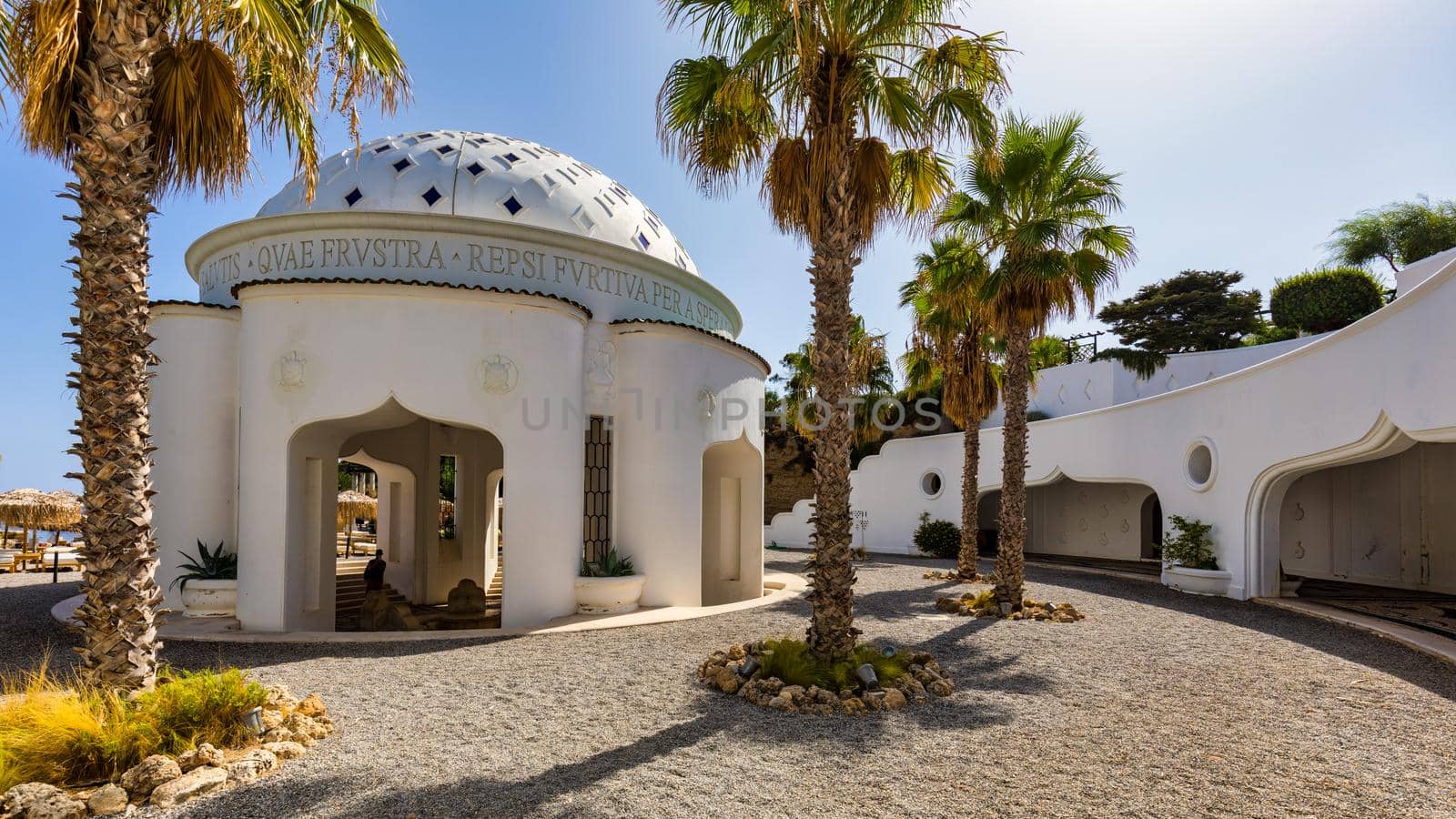 The beautiful buildings at Kalithea Springs constructed in the 1930s, Rhodes Island, Greece, Europe. Kallithea Therms, Kallithea Springs located at the bay of Kallithea on Rhodes island, Greece. 