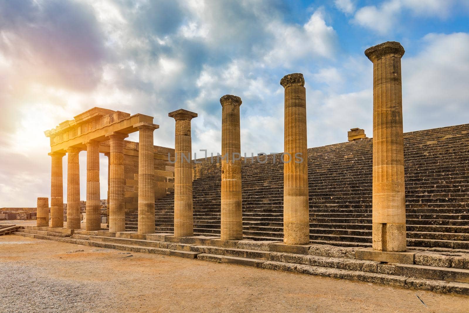 Ruins of Acropolis of Lindos view, Rhodes, Dodecanese Islands, Greek Islands, Greece. Acropolis of Lindos, ancient architecture of Rhodes, Greece. 