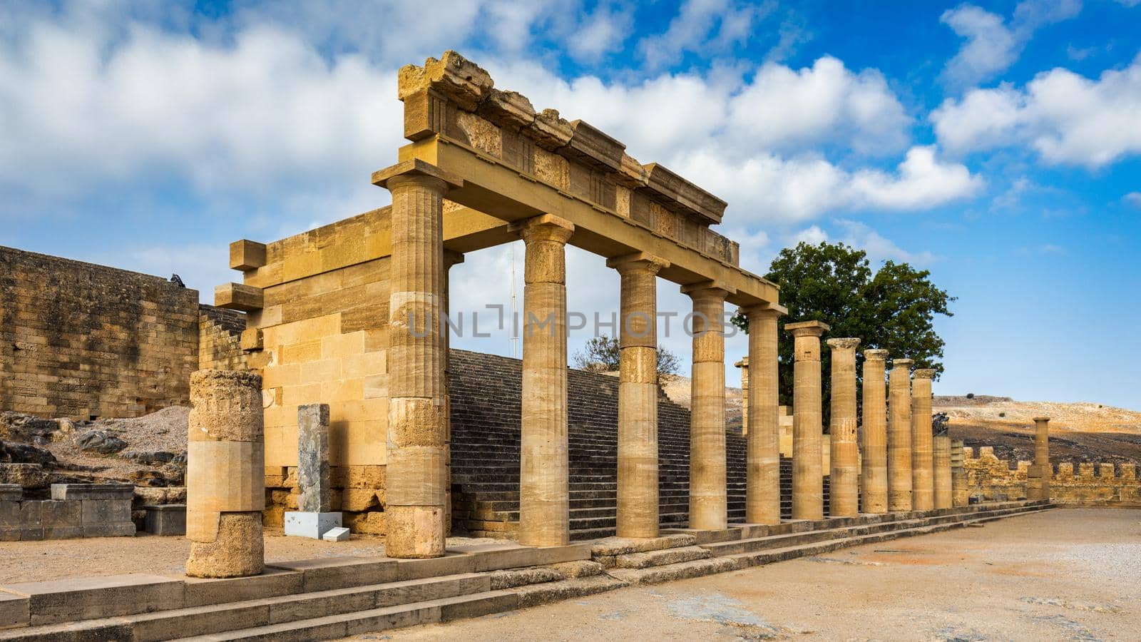 Ruins of Acropolis of Lindos view, Rhodes, Dodecanese Islands, Greek Islands, Greece. Acropolis of Lindos, ancient architecture of Rhodes, Greece. 