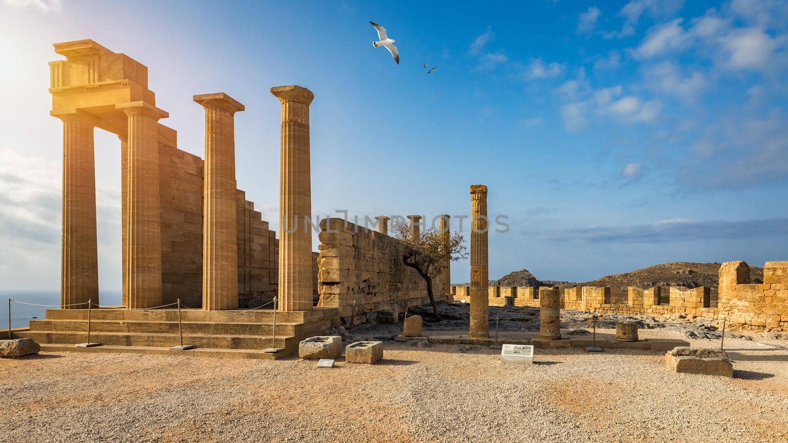 Ruins of Acropolis of Lindos view, Rhodes, Dodecanese Islands, Greek Islands, Greece. Acropolis of Lindos, ancient architecture of Rhodes, Greece. 