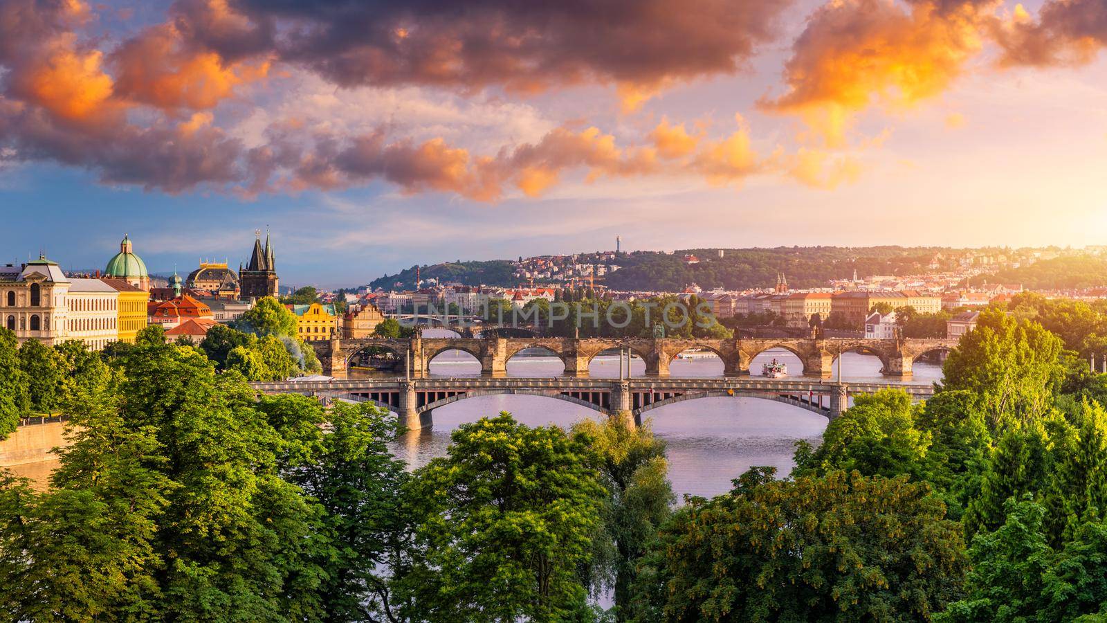 Charles Bridge sunset view of the Old Town pier architecture, Charles Bridge over Vltava river in Prague, Czechia. Old Town of Prague with Charles Bridge, Prague, Czech Republic.