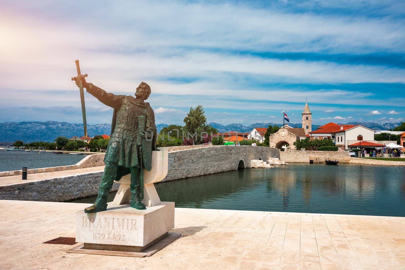 Historic town of Nin laguna view, Dalmatia region of Croatia. Street view of the famous Nin lagoon and medieval in Croatia. Colorful architecture in town of Nin, Dalmatia, Croatia
