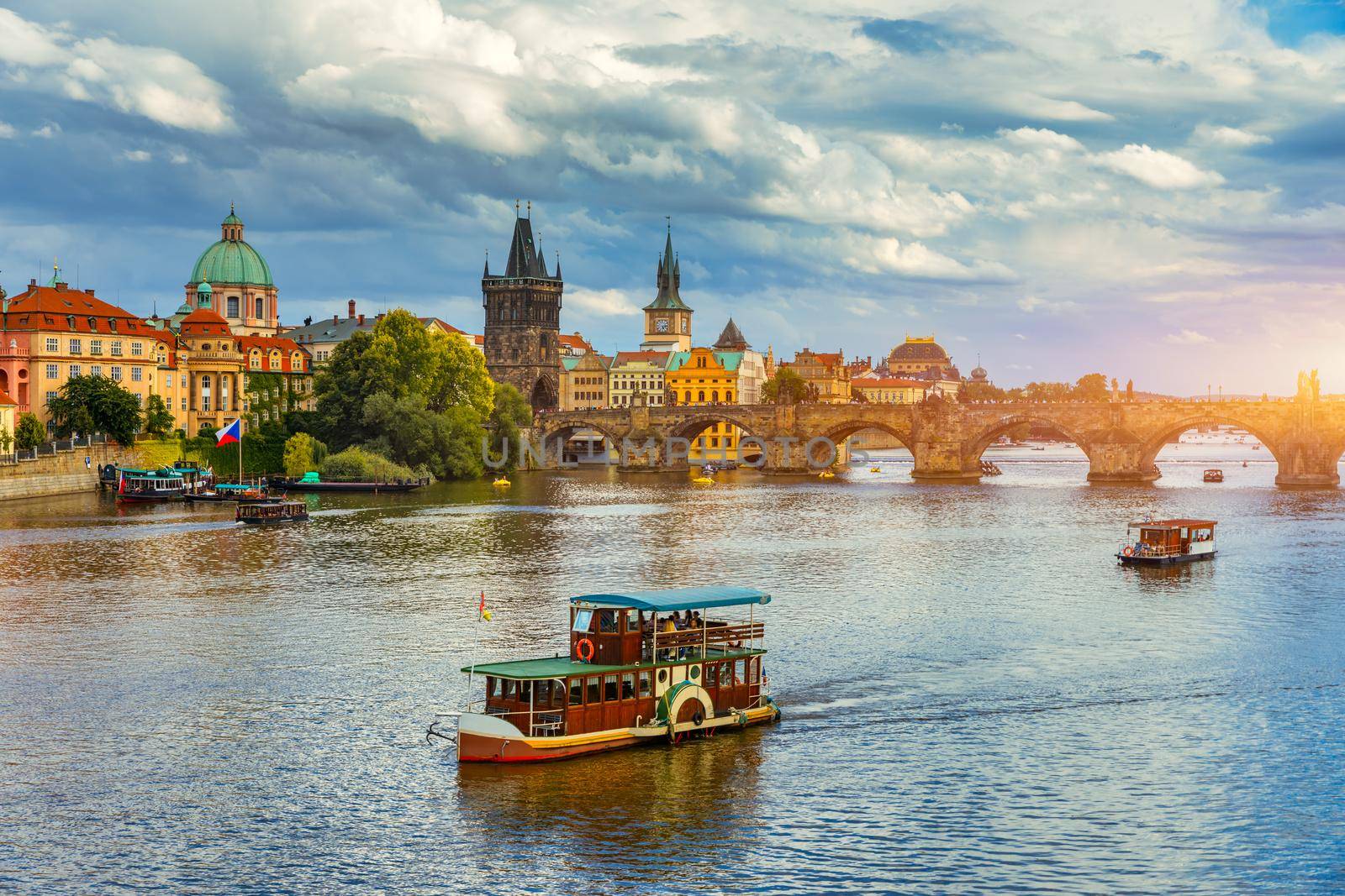 Charles Bridge sunset view of the Old Town pier architecture, Charles Bridge over Vltava river in Prague, Czechia. Old Town of Prague with Charles Bridge, Prague, Czech Republic.