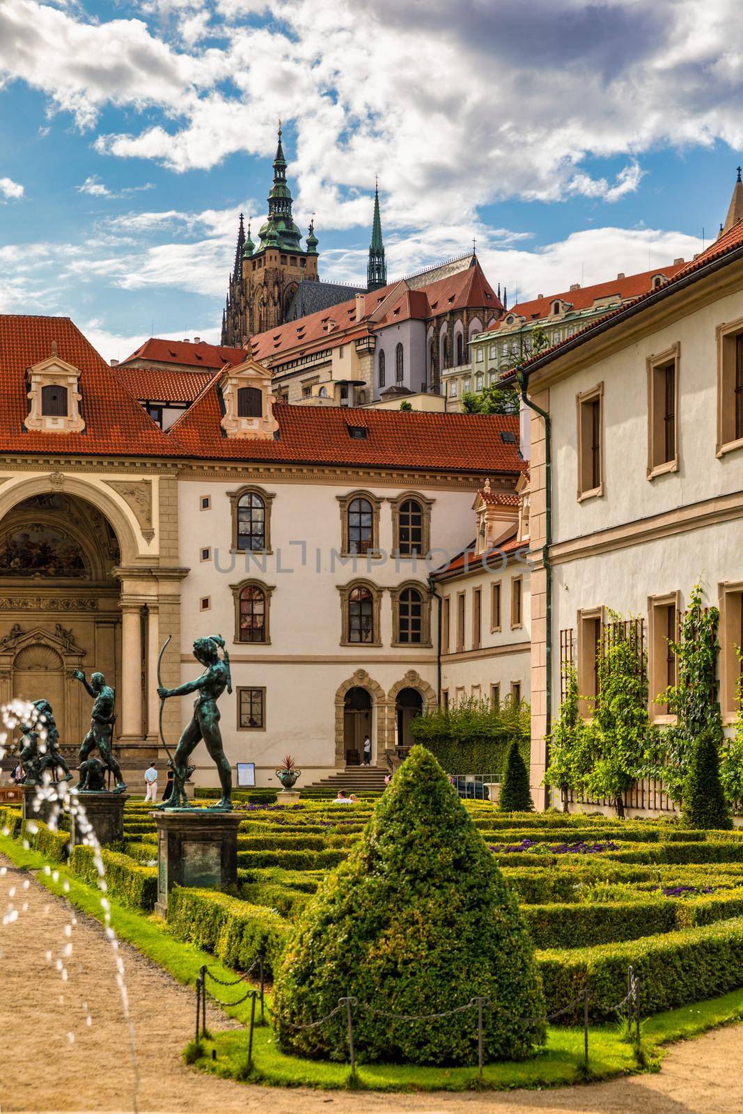 Waldstein palace garden (Valdstejnska Zahrada) and building of the Senate of Czech Republic in Prague. Wallenstein Palace Gardens, Prague, Czech Republic, Europe
