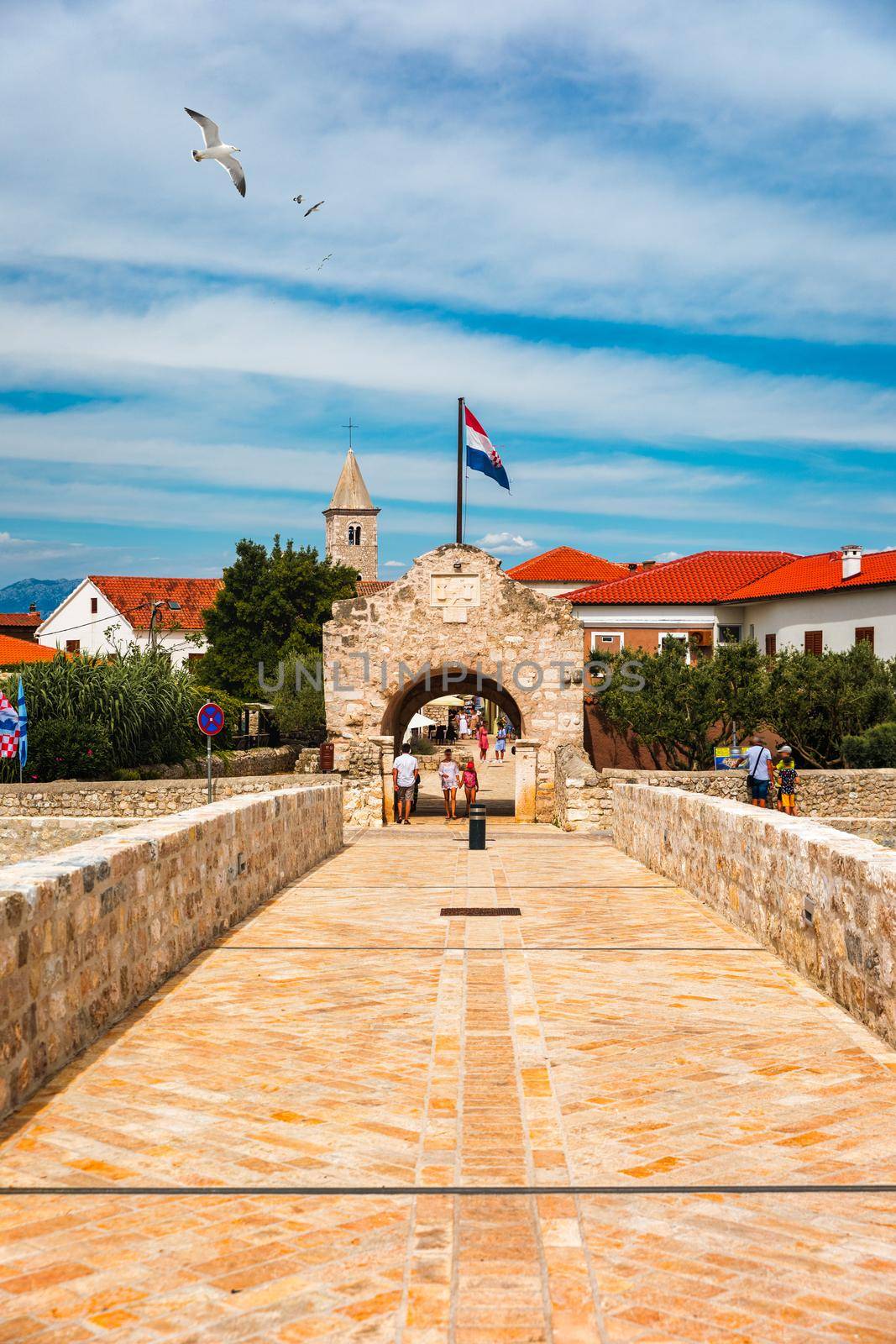 Historic town of Nin laguna view, Dalmatia region of Croatia. Street view of the famous Nin lagoon and medieval in Croatia. Colorful architecture in town of Nin, Dalmatia, Croatia