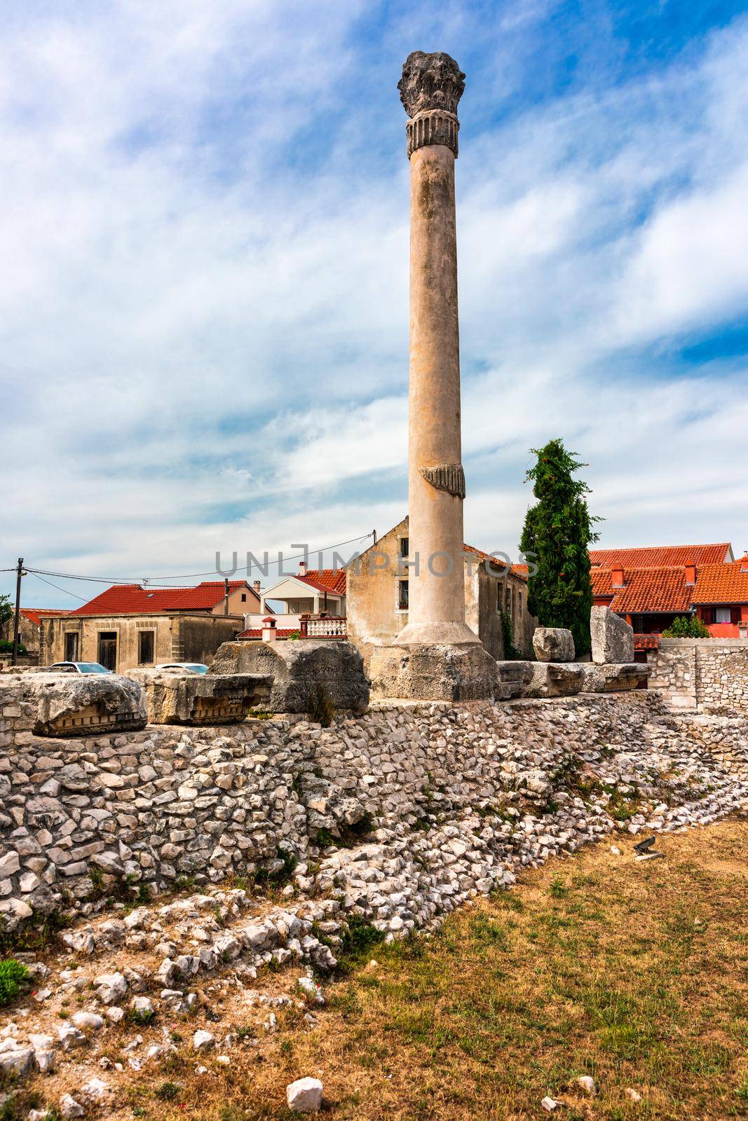 Remains of the biggest Roman Temple on the Adriatic sea in Nin, Croatia. Historic town of Nin laguna view, Dalmatia region of Croatia. Street view of the famous Nin lagoon and medieval in Croatia. 