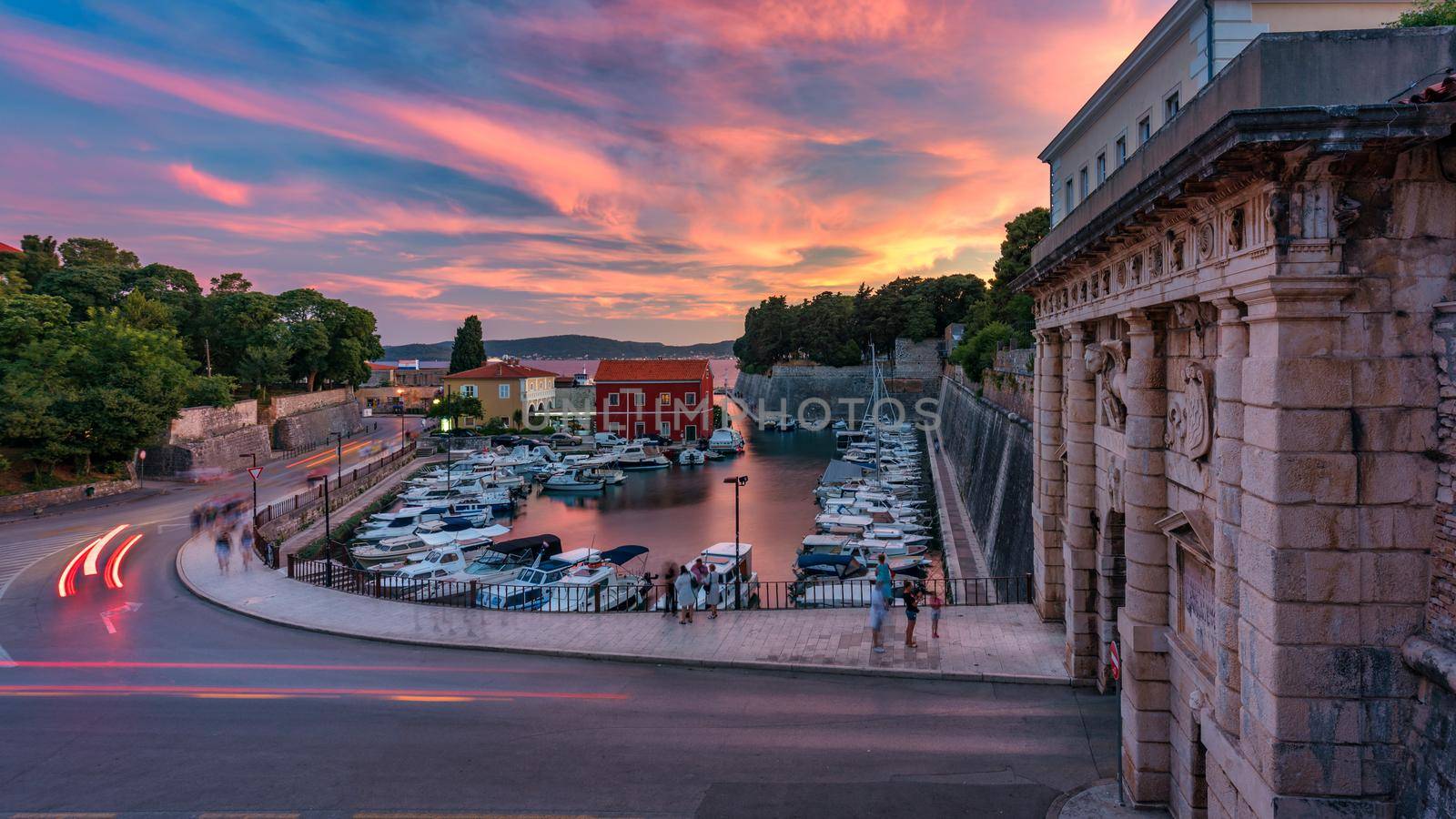 The Land Gate in Zadar at sunset, the main entrance into the city, built by a Venetian architect Michele Sanmicheli in 1543, Zadar, Croatia. The Land Gate to the Old City of Zadar, Croatia.