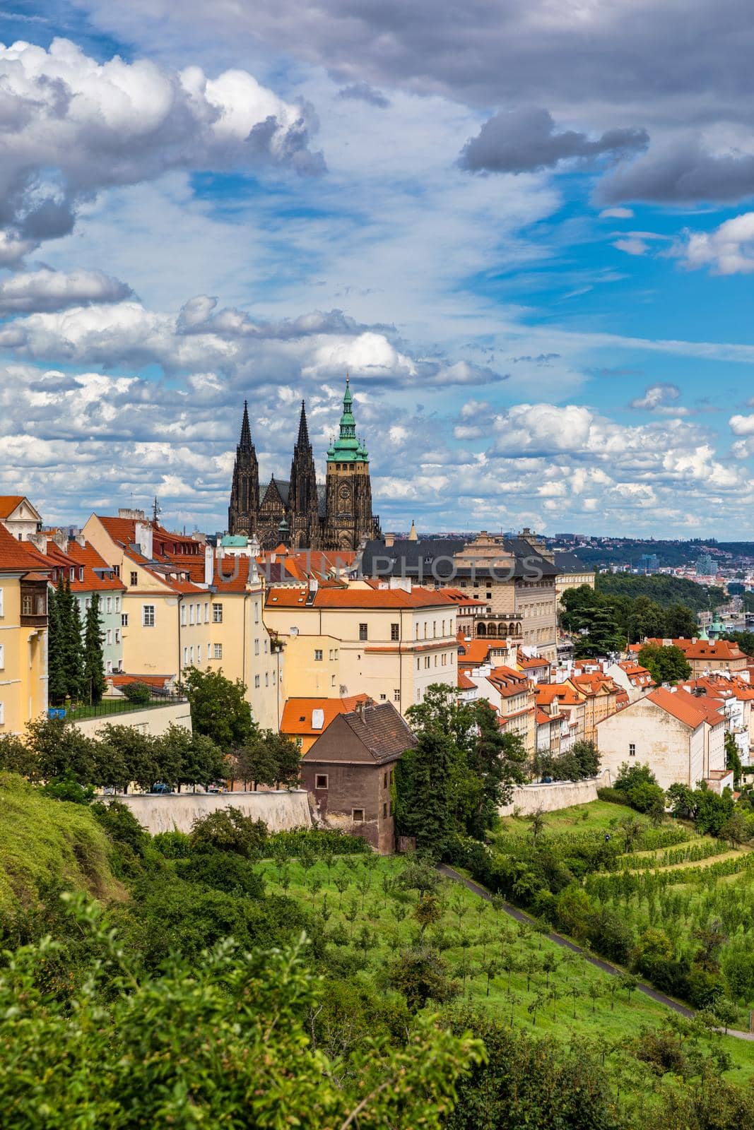 Prague Castle and Lesser Town panorama. View from Petrin Hill. Prague, Czech Republic. View of Prague Castle from Strahov monastery. Prague, Czech Republic 