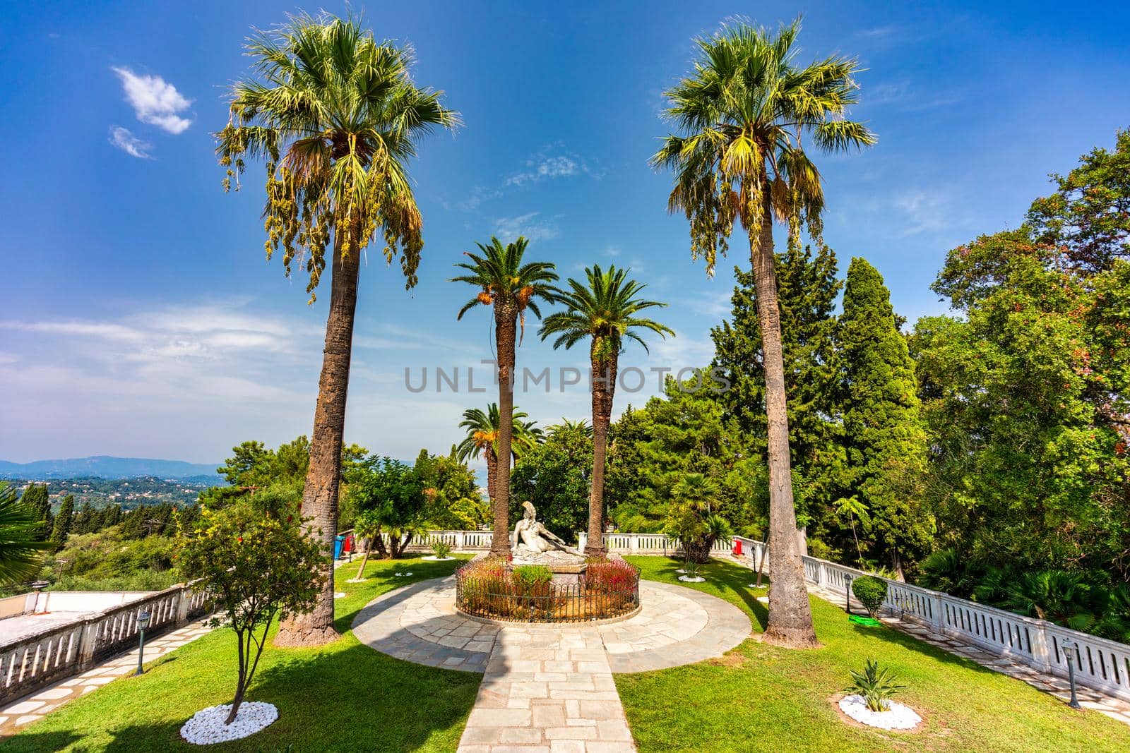 Achilleion palace in Corfu Island, Greece, built by Empress of Austria Elisabeth of Bavaria, also known as Sisi. The Achilleion palace in Corfu, Greece.