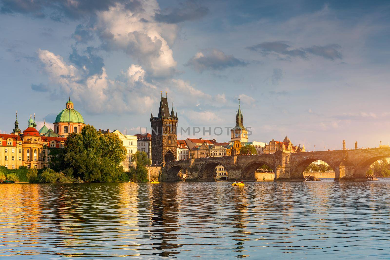 Charles Bridge sunset view of the Old Town pier architecture, Charles Bridge over Vltava river in Prague, Czechia. Old Town of Prague with Charles Bridge, Prague, Czech Republic.