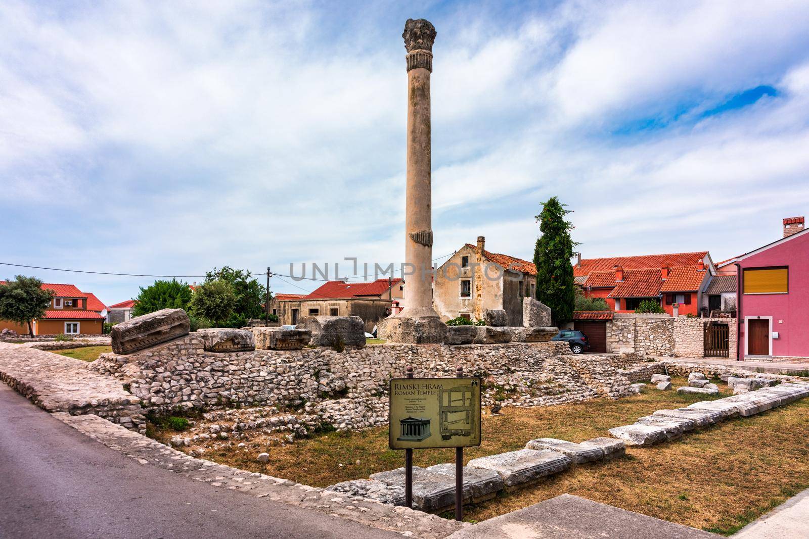 Remains of the biggest Roman Temple on the Adriatic sea in Nin, Croatia. Historic town of Nin laguna view, Dalmatia region of Croatia. Street view of the famous Nin lagoon and medieval in Croatia. 