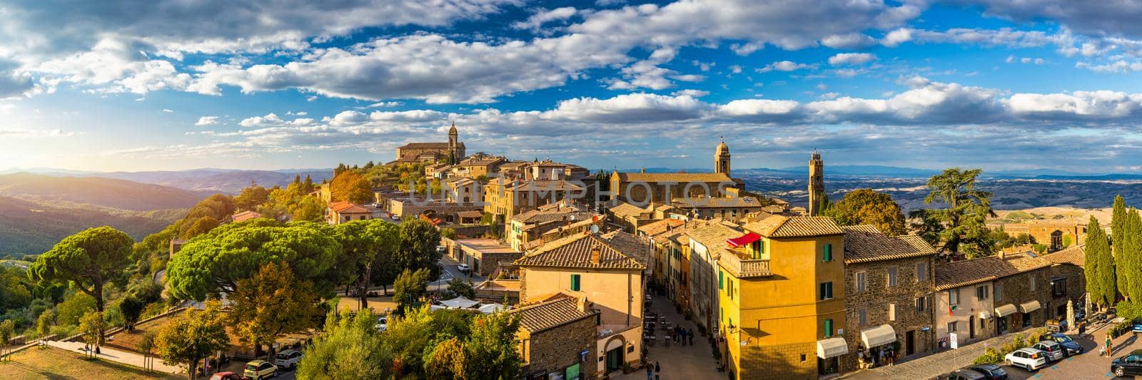 View of Montalcino town, Tuscany, Italy. Montalcino town takes its name from a variety of oak tree that once covered the terrain. View of the medieval Italian town of Montalcino. Tuscany