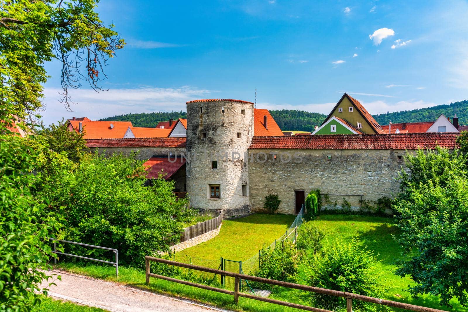 Berching, Bacham is a Bavarian town in the Neumarkt district in the Upper Palatinate. Photographed in summer in the Franconian Alb on the Main Danube Canal and with the Sulz river. Berching, Germany