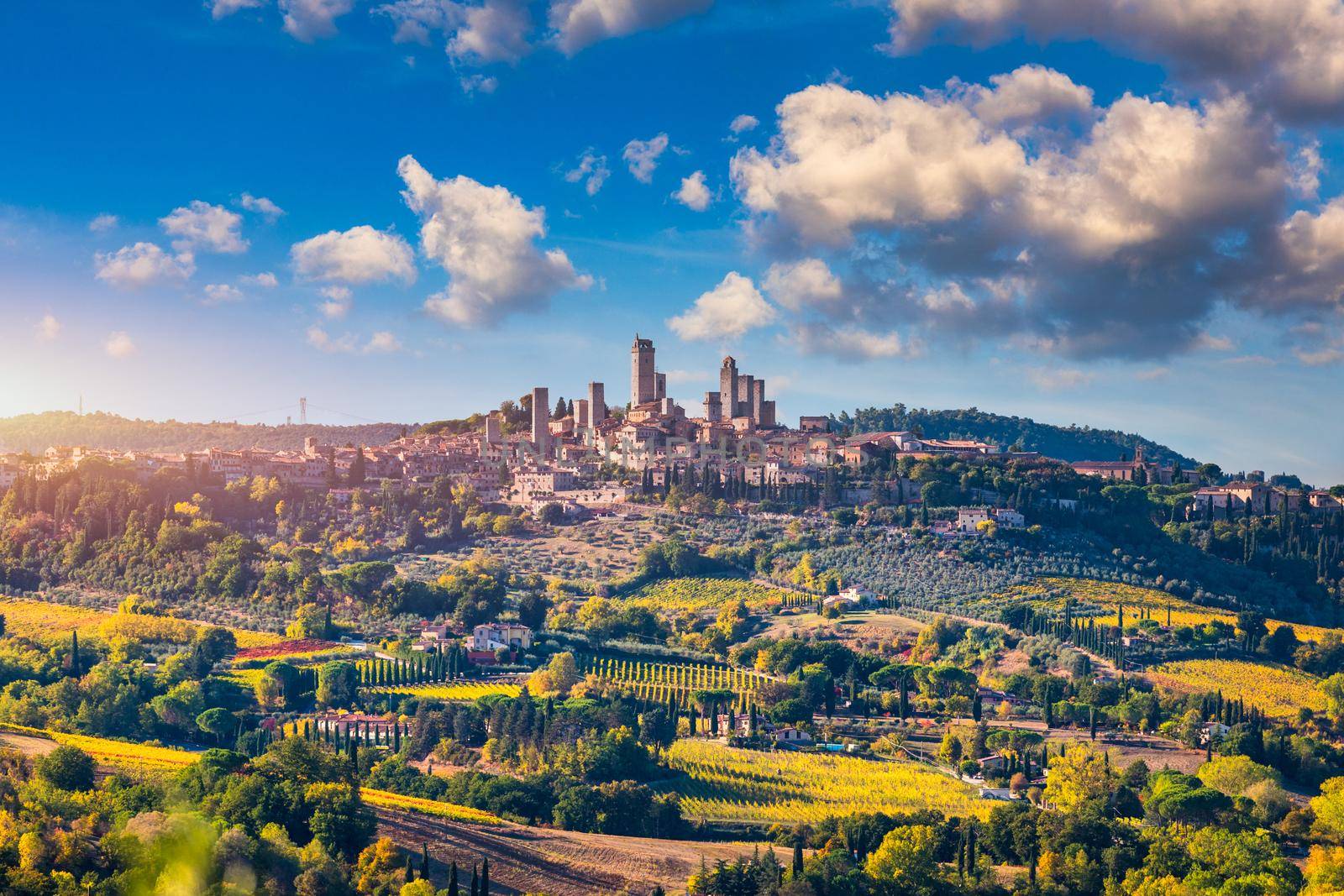 Town of San Gimignano, Tuscany, Italy with its famous medieval towers. Aerial view of the medieval village of San Gimignano, a Unesco World Heritage Site. Italy, Tuscany, Val d'Elsa.