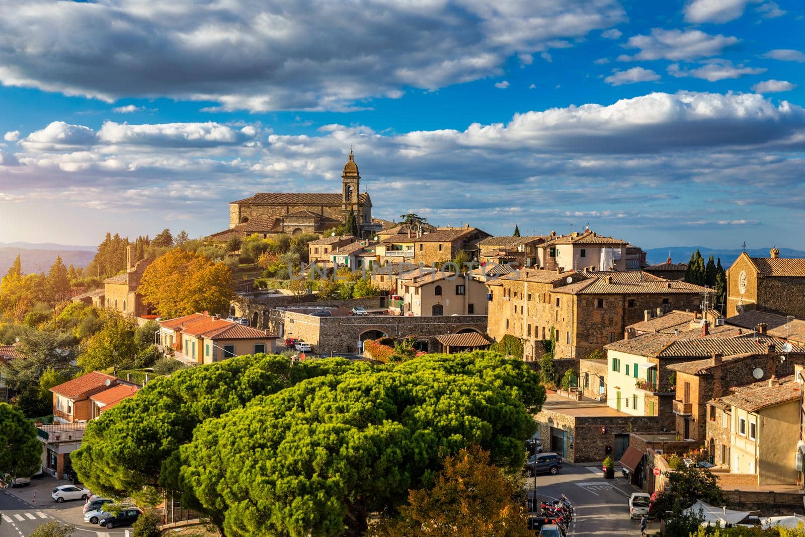 View of Montalcino town, Tuscany, Italy. Montalcino town takes its name from a variety of oak tree that once covered the terrain. View of the medieval Italian town of Montalcino. Tuscany