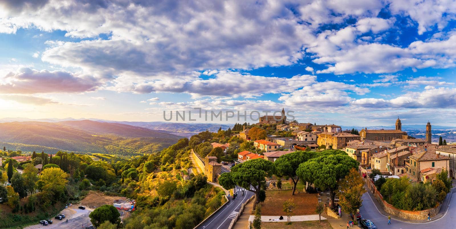 View of Montalcino town, Tuscany, Italy. Montalcino town takes its name from a variety of oak tree that once covered the terrain. View of the medieval Italian town of Montalcino. Tuscany