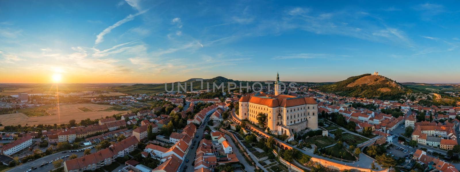 Royal Castle Karlstejn. Central Bohemia, Karlstejn village, Czechia. Aerial view to The Karlstejn castle. Royal palace founded King Charles IV. Amazing gothic monument in Czech Republic, Europe.