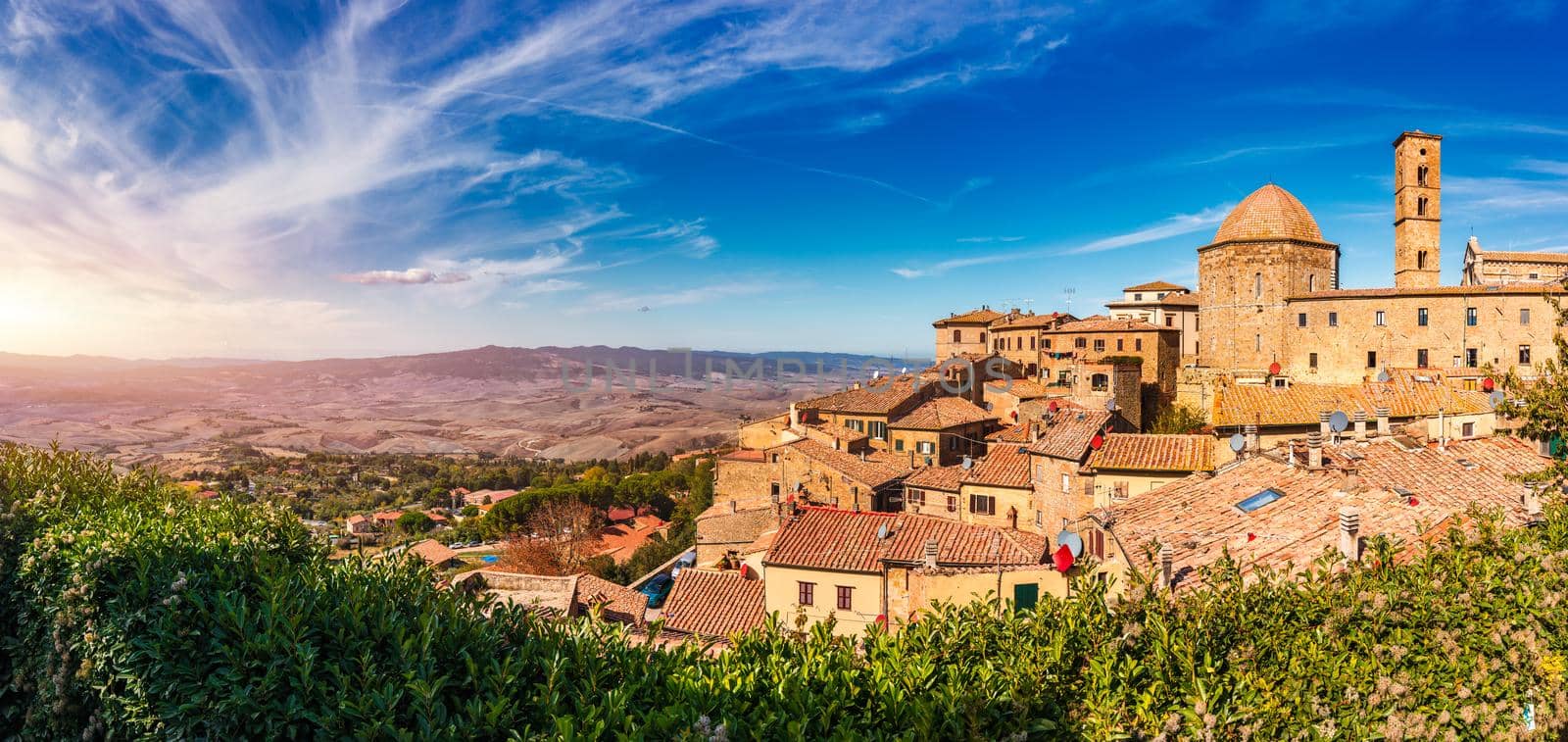 Tuscany, Volterra town skyline, church and panorama view. Maremma, Italy, Europe. Panoramic view of Volterra, medieval Tuscan town with old houses, towers and churches, Volterra, Tuscany, Italy.