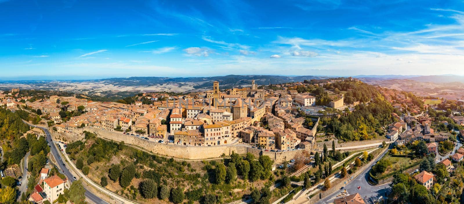 Tuscany, Volterra town skyline, church and panorama view. Maremma, Italy, Europe. Panoramic view of Volterra, medieval Tuscan town with old houses, towers and churches, Volterra, Tuscany, Italy.