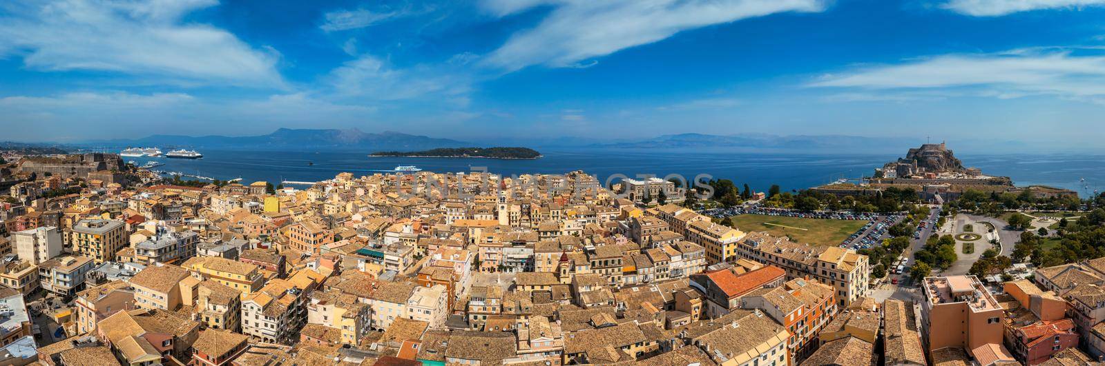 Panoramic view of Kerkyra, capital of Corfu island, Greece. Aerial drone view of Kerkyra with beautiful buildings during summer sunny day. Corfu island, Greece. 