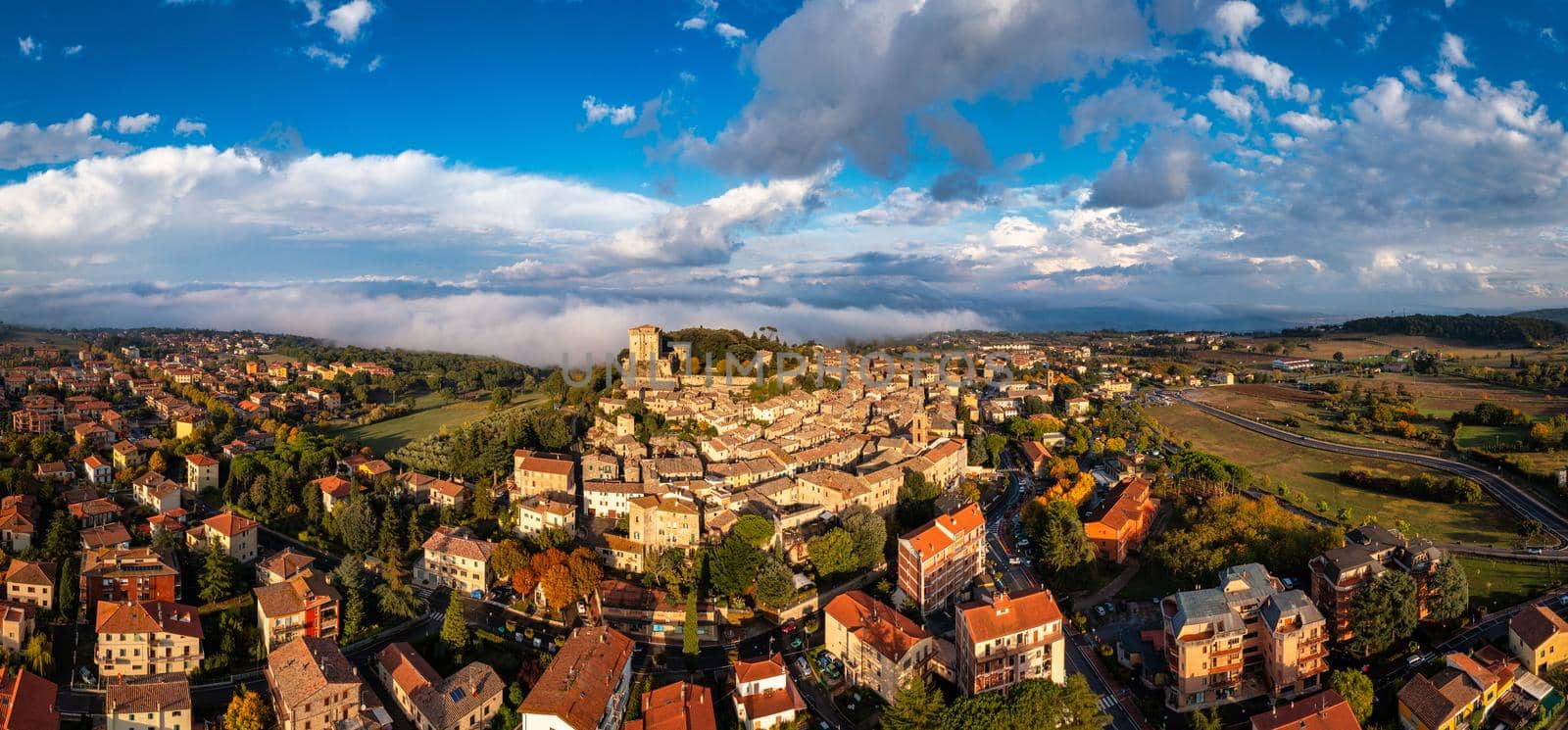 Sarteano village in Tuscany, Italy. Sarteano, the medieval castle at the top of the village. Siena, Tuscany, Italy. 