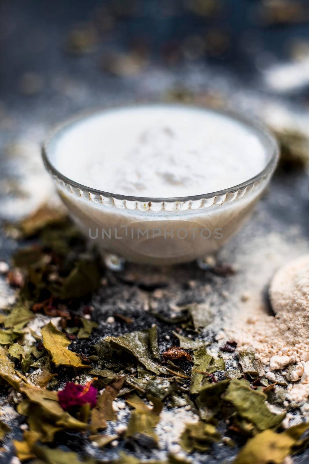 Neem or Indian Lilac face mask on the black wooden surface for acne and scars consisting of gram flour, neem paste, and some curd. by mirzamlk