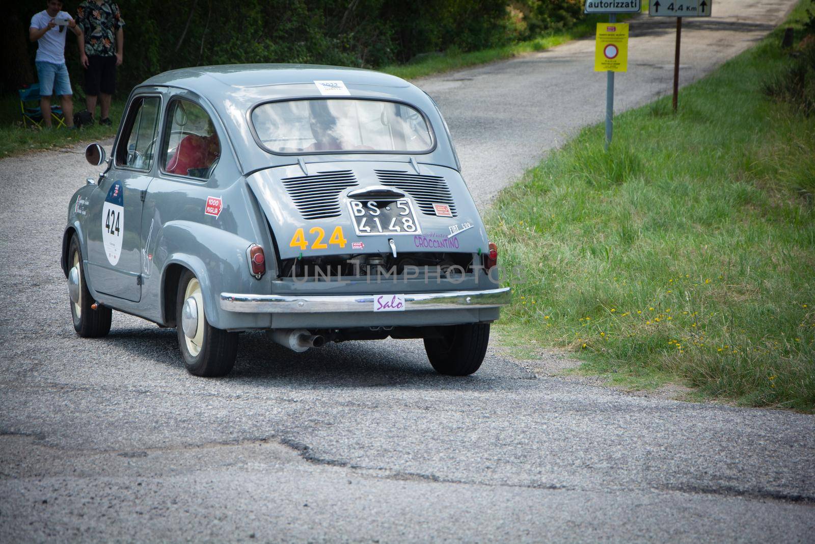 URBINO - ITALY - JUN 16 - 2022 : FIAT 600 1956 on an old racing car in rally Mille Miglia 2022 the famous italian historical race (1927-1957